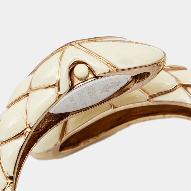 Pre Owned Roberto Cavalli Mother of Pearl Rose Plated Stainless Steel Enamel Snake Star R7253151545 Women's Wristwatch 21 cm 