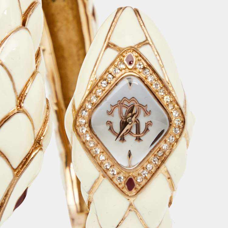 Pre Owned Roberto Cavalli Mother of Pearl Rose Plated Stainless Steel Enamel Snake Star R7253151545 Women's Wristwatch 21 cm 