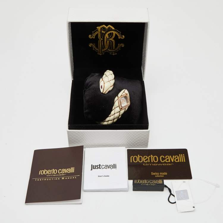 Pre Owned Roberto Cavalli Mother of Pearl Rose Plated Stainless Steel Enamel Snake Star R7253151545 Women's Wristwatch 21 cm 