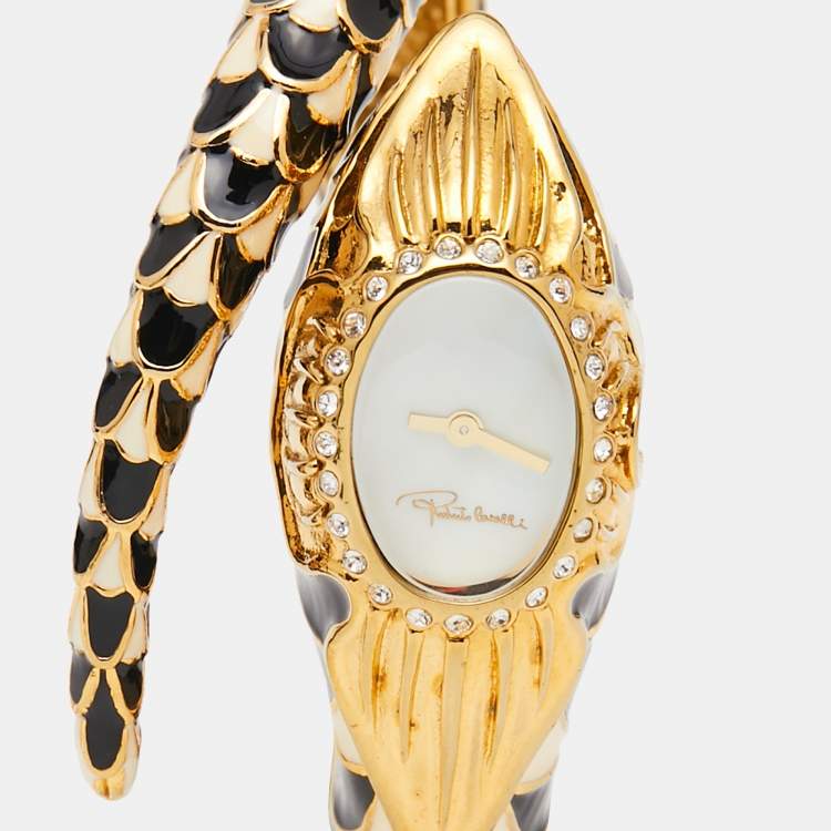 Pre Owned Roberto Cavalli White Mother Of Pearl Gold Plated Stainless Steel Enamel Snake R7253112545 Women's Wristwatch 22 mm
