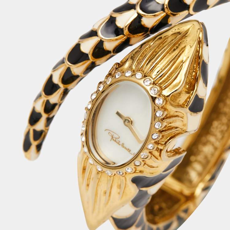 Pre Owned Roberto Cavalli White Mother Of Pearl Gold Plated Stainless Steel Enamel Snake R7253112545 Women's Wristwatch 22 mm