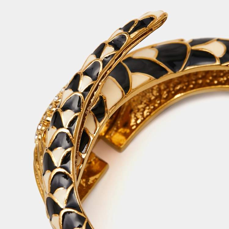 Pre Owned Roberto Cavalli White Mother Of Pearl Gold Plated Stainless Steel Enamel Snake R7253112545 Women's Wristwatch 22 mm