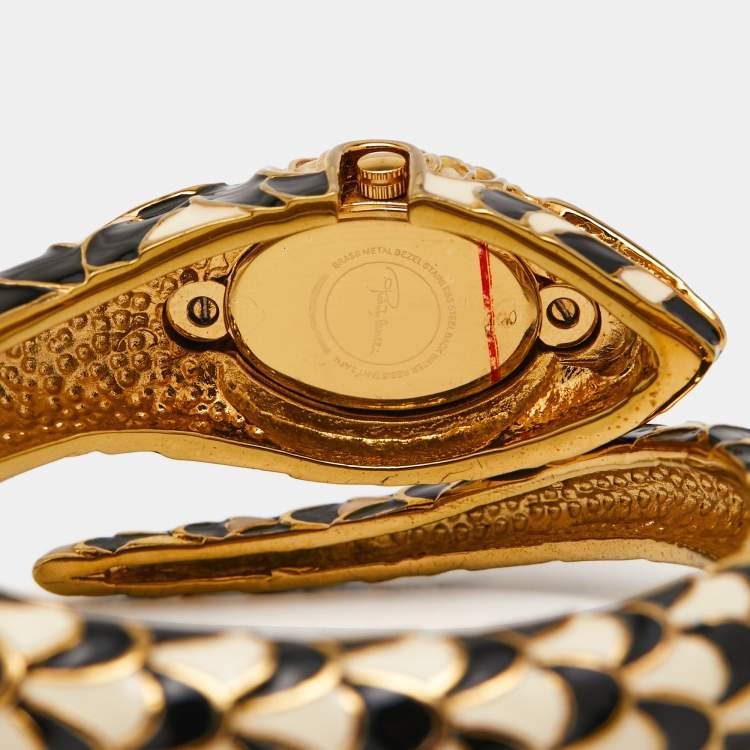 Pre Owned Roberto Cavalli White Mother Of Pearl Gold Plated Stainless Steel Enamel Snake R7253112545 Women's Wristwatch 22 mm