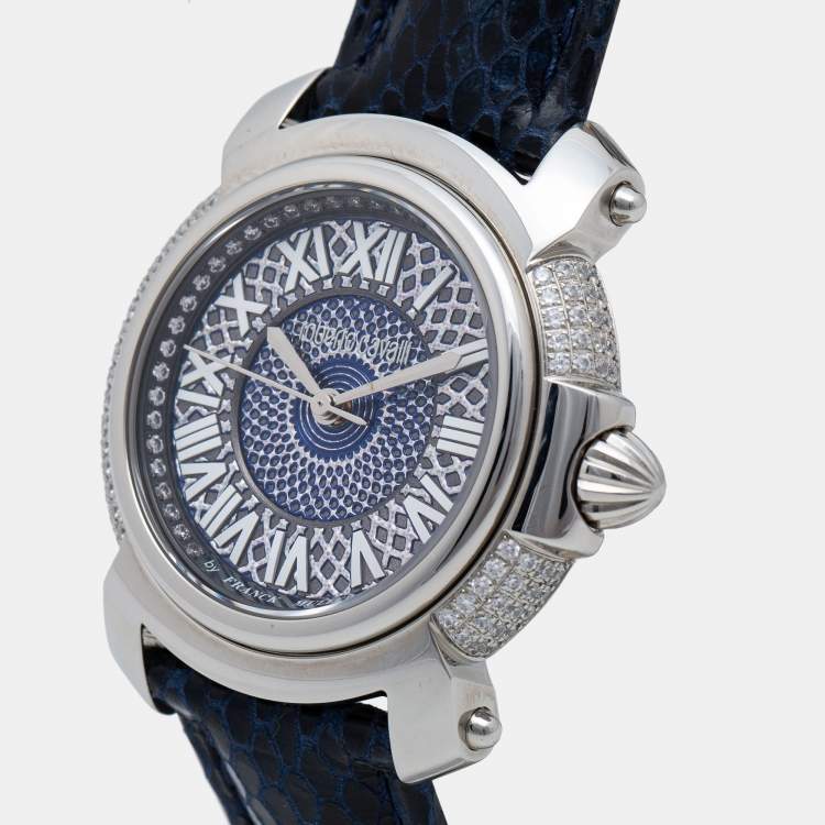 Pre Owned Roberto Cavalli Silver Stainless Steel Leather By Franck Muller RV1L006L0011 Women's Wristwatch 35 mm