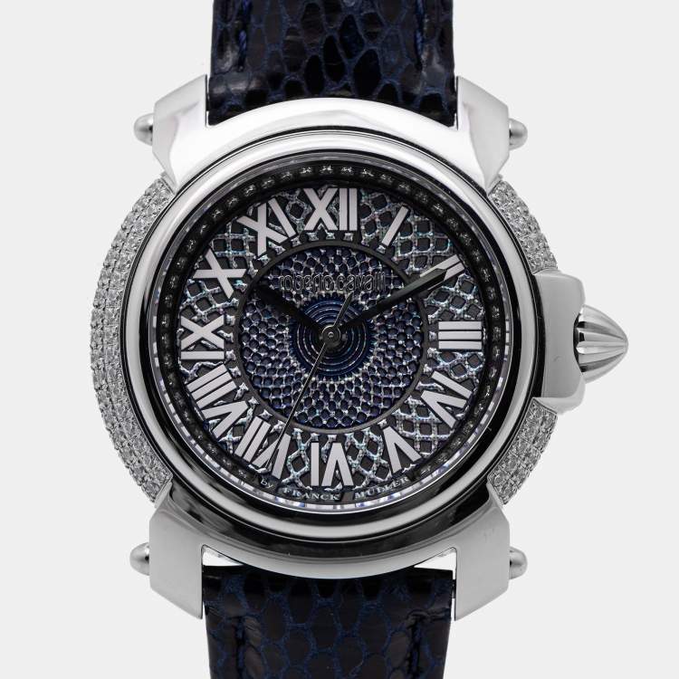 Pre Owned Roberto Cavalli Silver Stainless Steel Leather By Franck Muller RV1L006L0011 Women's Wristwatch 35 mm