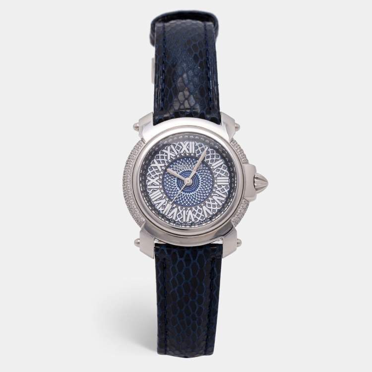 Pre Owned Roberto Cavalli Silver Stainless Steel Leather By Franck Muller RV1L006L0011 Women's Wristwatch 35 mm