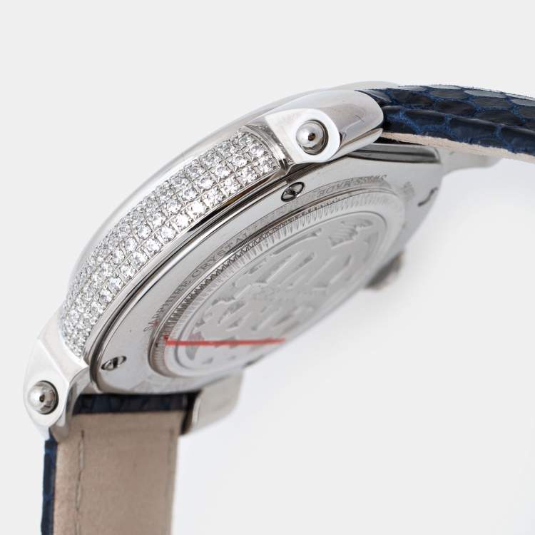 Pre Owned Roberto Cavalli Silver Stainless Steel Leather By Franck Muller RV1L006L0011 Women's Wristwatch 35 mm