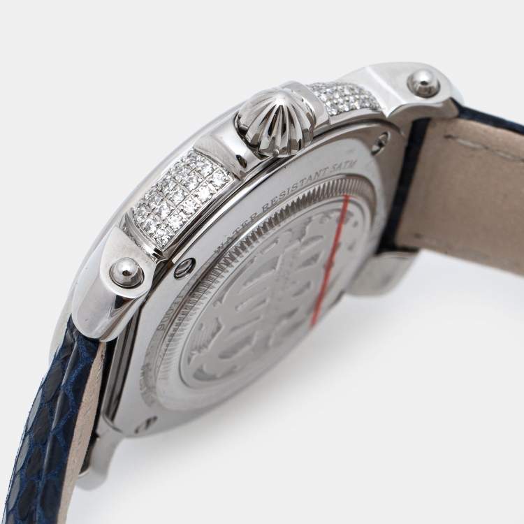 Pre Owned Roberto Cavalli Silver Stainless Steel Leather By Franck Muller RV1L006L0011 Women's Wristwatch 35 mm