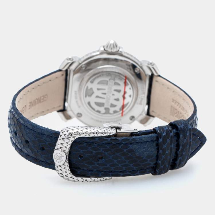 Pre Owned Roberto Cavalli Silver Stainless Steel Leather By Franck Muller RV1L006L0011 Women's Wristwatch 35 mm