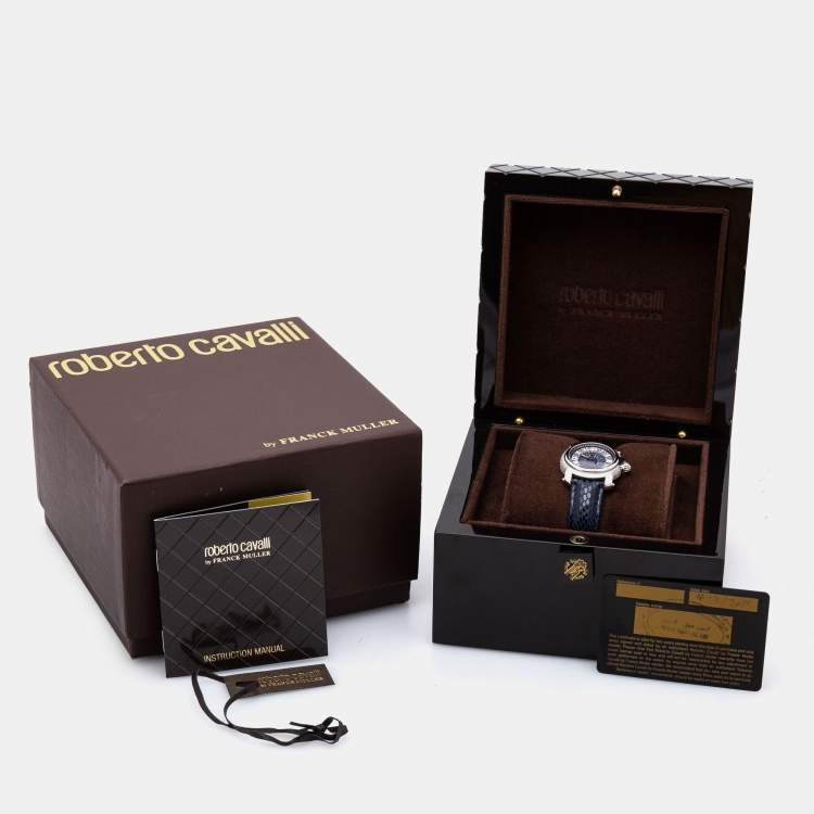 Pre Owned Roberto Cavalli Silver Stainless Steel Leather By Franck Muller RV1L006L0011 Women's Wristwatch 35 mm