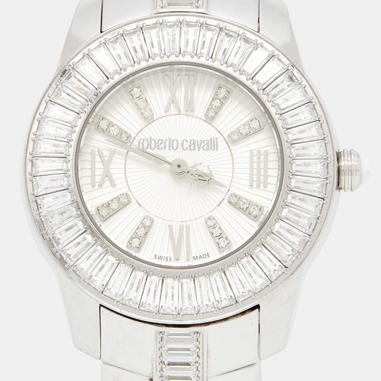 Pre Owned Roberto Cavalli Silver Stainless Steel Tempus Fugit R7253147515 Women's Wristwatch 37 mm