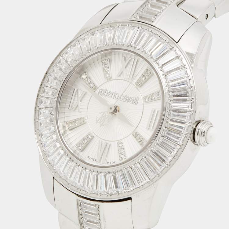 Pre Owned Roberto Cavalli Silver Stainless Steel Tempus Fugit R7253147515 Women's Wristwatch 37 mm