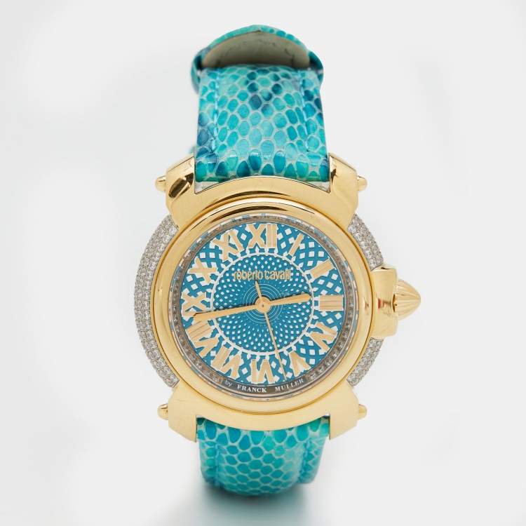 Pre Owned Roberto Cavalli Blue Gold Plated Stainless Steel Leather By Franck Muller 1L006 Women's Wristwatch 35 mm