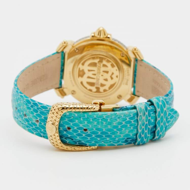 Pre Owned Roberto Cavalli Blue Gold Plated Stainless Steel Leather By Franck Muller 1L006 Women's Wristwatch 35 mm