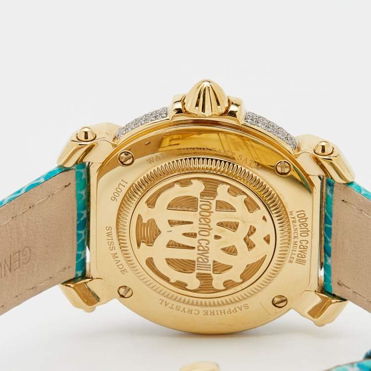 Pre Owned Roberto Cavalli Blue Gold Plated Stainless Steel Leather By Franck Muller 1L006 Women's Wristwatch 35 mm