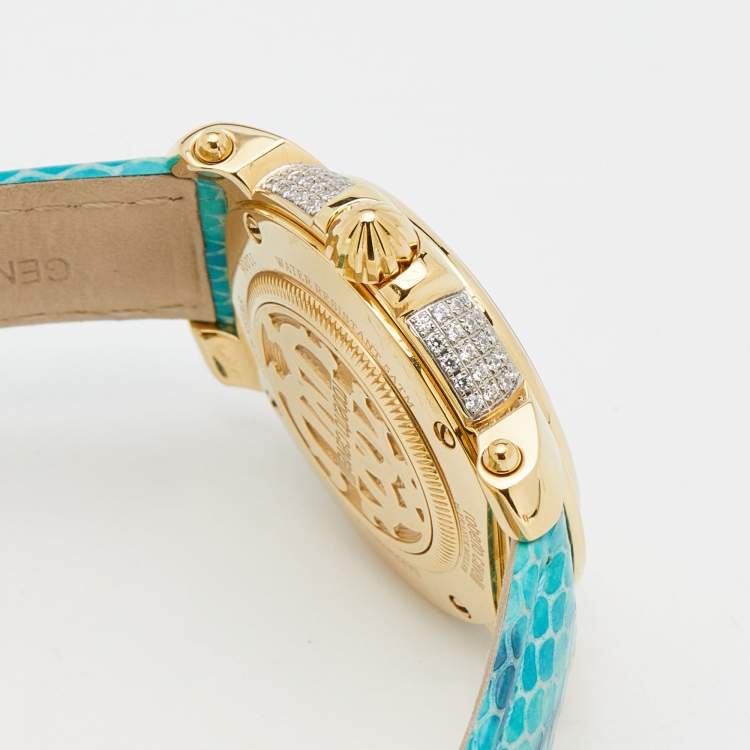 Pre Owned Roberto Cavalli Blue Gold Plated Stainless Steel Leather By Franck Muller 1L006 Women's Wristwatch 35 mm