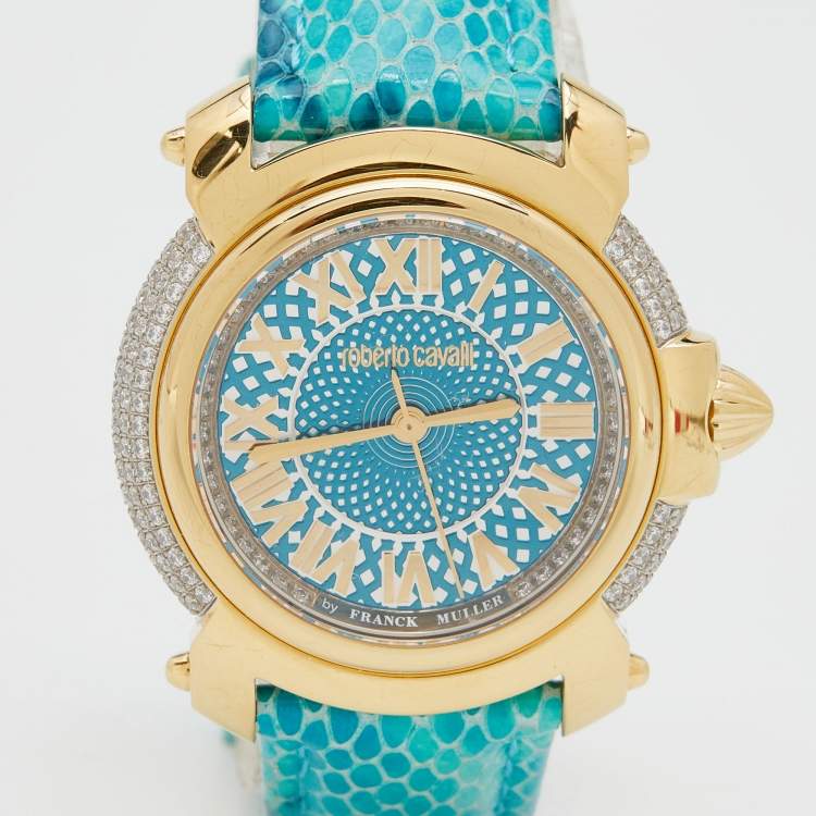 Pre Owned Roberto Cavalli Blue Gold Plated Stainless Steel Leather By Franck Muller 1L006 Women's Wristwatch 35 mm