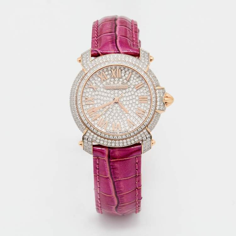 Pre Owned Roberto Cavalli Silver Rose Gold Plated Stainless Steel Leather By Franck Muller 1L008 Women's Wristwatch 35 mm