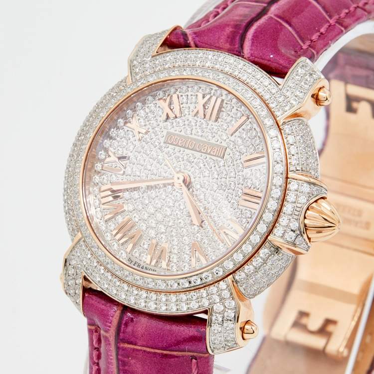 Pre Owned Roberto Cavalli Silver Rose Gold Plated Stainless Steel Leather By Franck Muller 1L008 Women's Wristwatch 35 mm