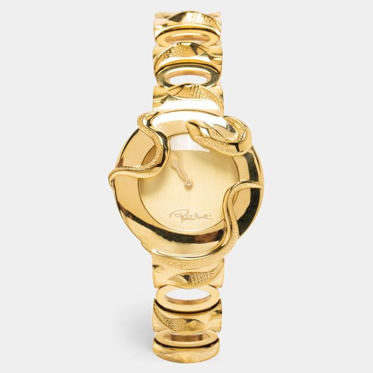 Pre Owned Roberto Cavalli Champagne Yellow Gold Plated Stainless Steel Snake R7253165517 Women's Wristwatch 37 mm