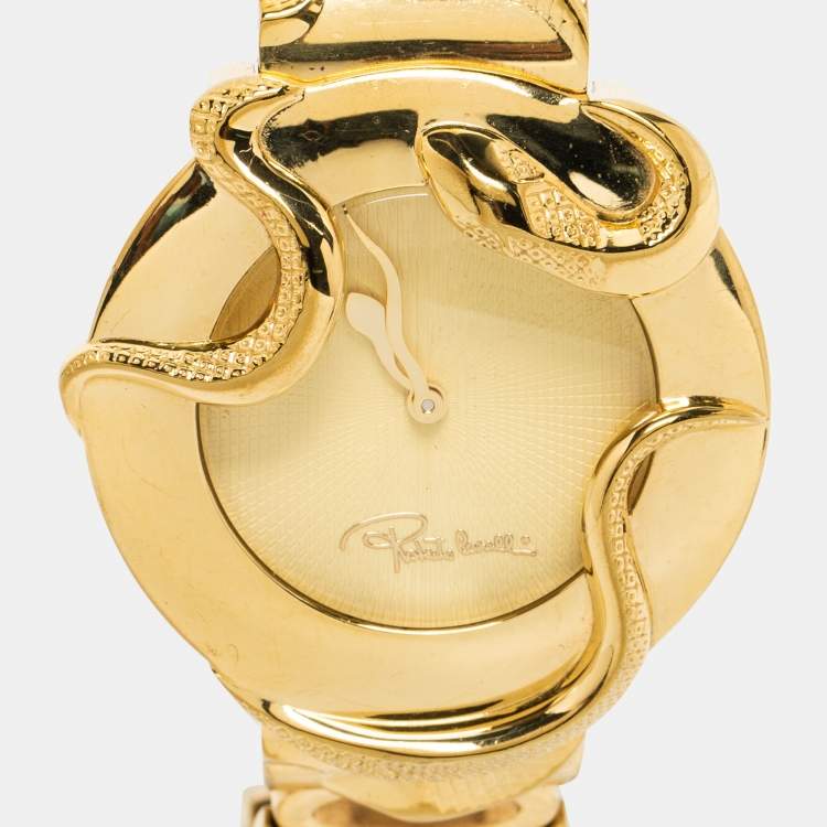 Pre Owned Roberto Cavalli Champagne Yellow Gold Plated Stainless Steel Snake R7253165517 Women's Wristwatch 37 mm