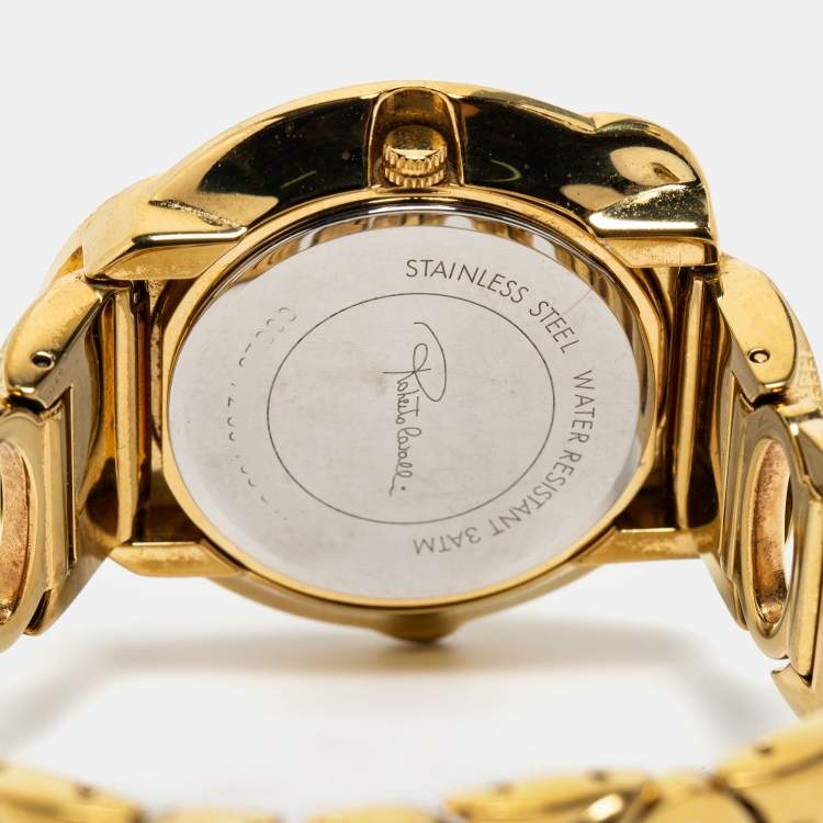 Pre Owned Roberto Cavalli Champagne Yellow Gold Plated Stainless Steel Snake R7253165517 Women's Wristwatch 37 mm