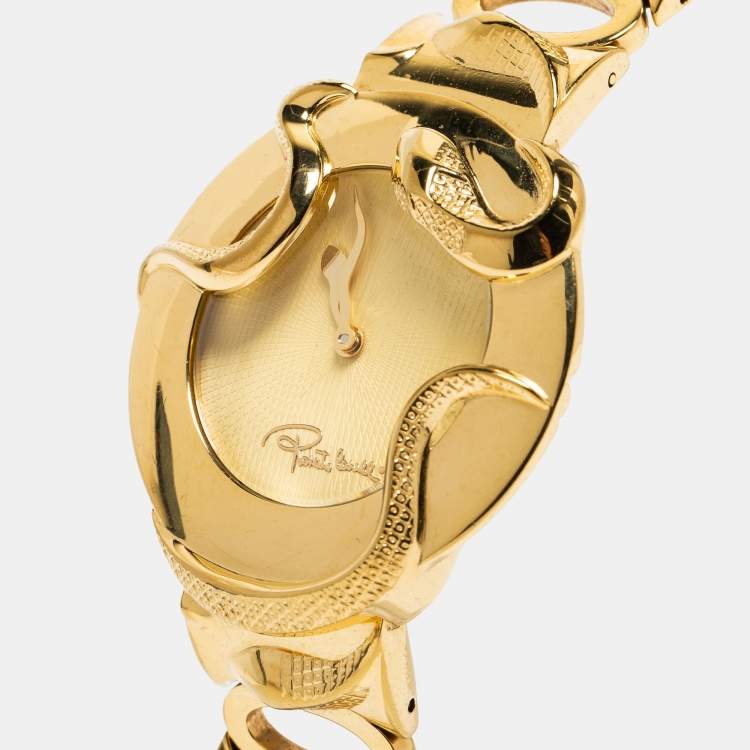 Pre Owned Roberto Cavalli Champagne Yellow Gold Plated Stainless Steel Snake R7253165517 Women's Wristwatch 37 mm