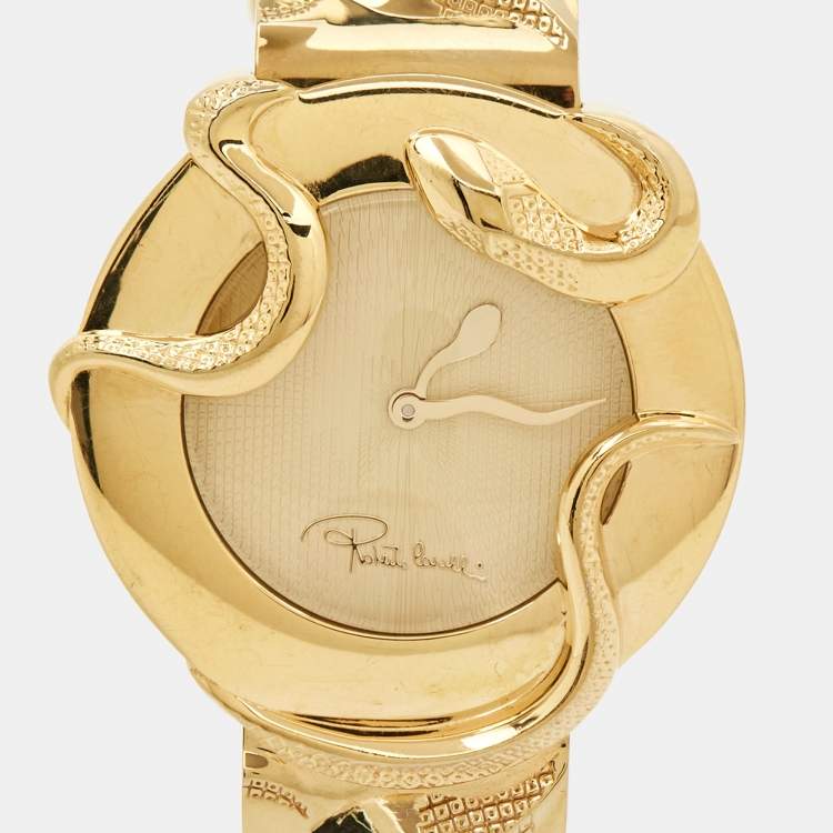 Pre Owned Roberto Cavalli Champagne Yellow Gold Plated Stainless Steel Snake R7253165517 Women's Wristwatch 37 mm