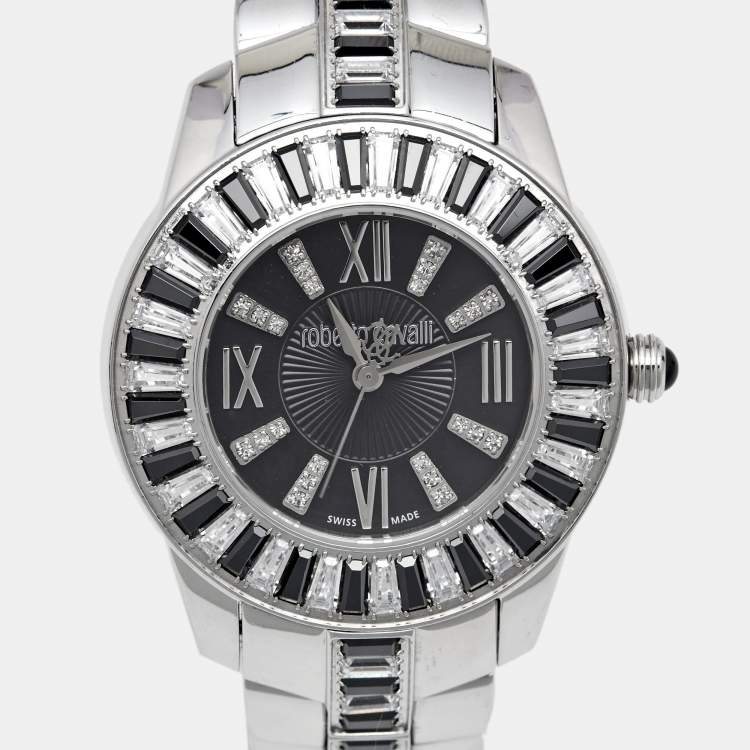 Pre Owned Roberto Cavalli Black Stainless Steel Tempus Fugit R7253147525 Women's Wristwatch 37 mm