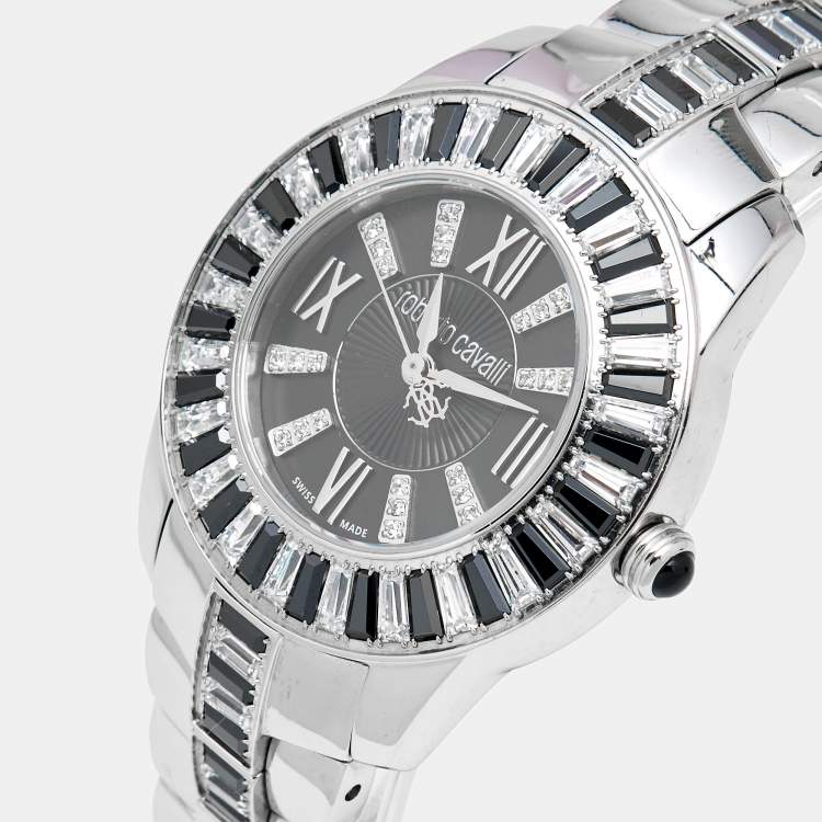 Pre Owned Roberto Cavalli Black Stainless Steel Tempus Fugit R7253147525 Women's Wristwatch 37 mm