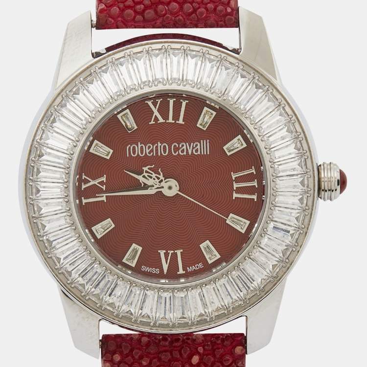 Pre Owned Roberto Cavalli Burgundy Stainless Steel Stingray Crystal Fugit R7251147585 Women's Wristwatch 37 mm