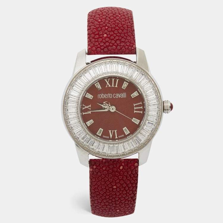Pre Owned Roberto Cavalli Burgundy Stainless Steel Stingray Crystal Fugit R7251147585 Women's Wristwatch 37 mm