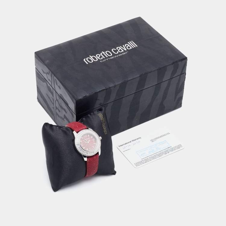 Pre Owned Roberto Cavalli Burgundy Stainless Steel Stingray Crystal Fugit R7251147585 Women's Wristwatch 37 mm