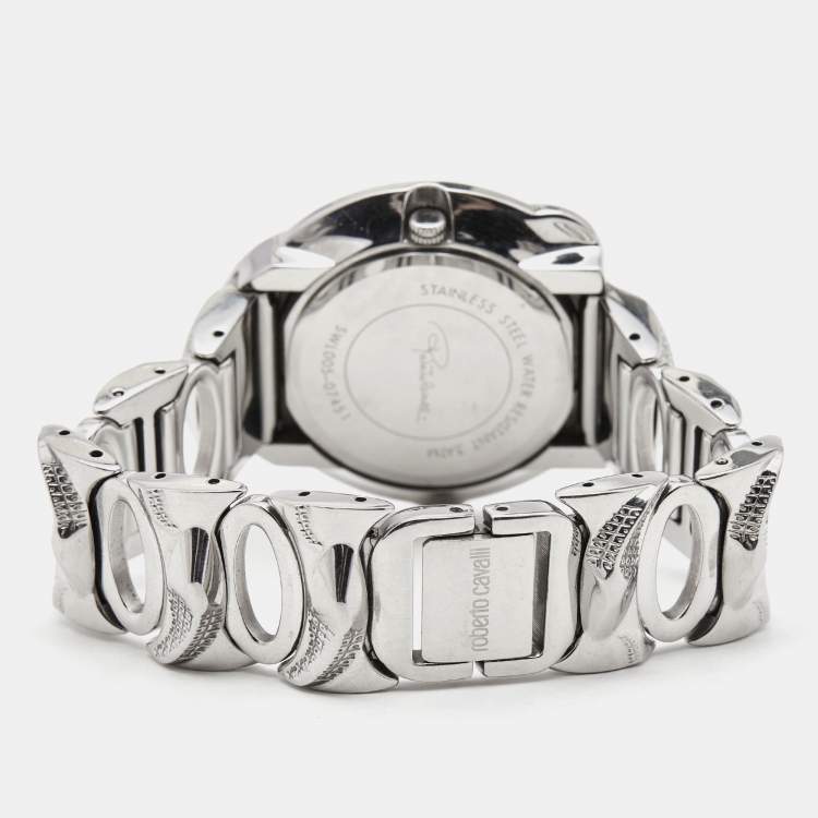 Pre Owned Roberto Cavalli Silver Stainless Steel Snake R7253165515 Women's Wristwatch 37 mm