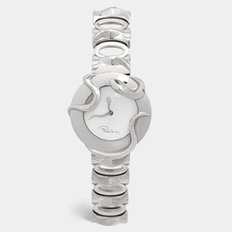 Pre Owned Roberto Cavalli Silver Stainless Steel Snake R7253165515 Women's Wristwatch 37 mm