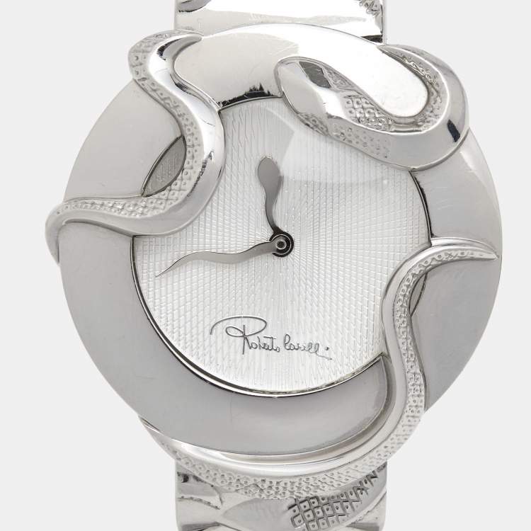Pre Owned Roberto Cavalli Silver Stainless Steel Snake R7253165515 Women's Wristwatch 37 mm