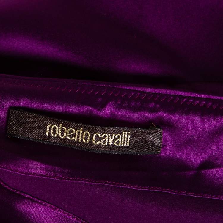 Pre Owned Roberto Cavalli Purple Silk Satin Pleated trim Detail Maxi Skirt M