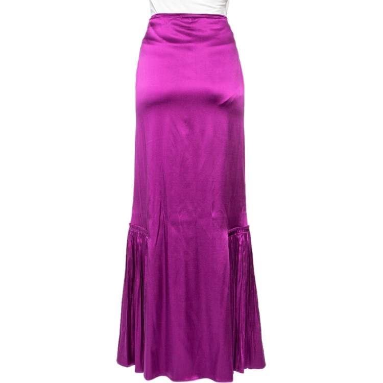 Pre Owned Roberto Cavalli Purple Silk Satin Pleated trim Detail Maxi Skirt M