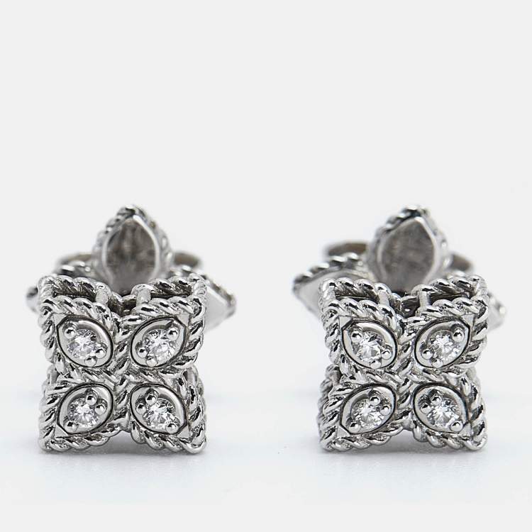 Pre Owned Roberto Coin Princess Flower Diamond Ruby 18k White Gold Earrings