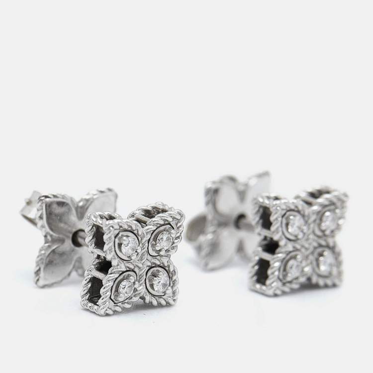 Pre Owned Roberto Coin Princess Flower Diamond Ruby 18k White Gold Earrings