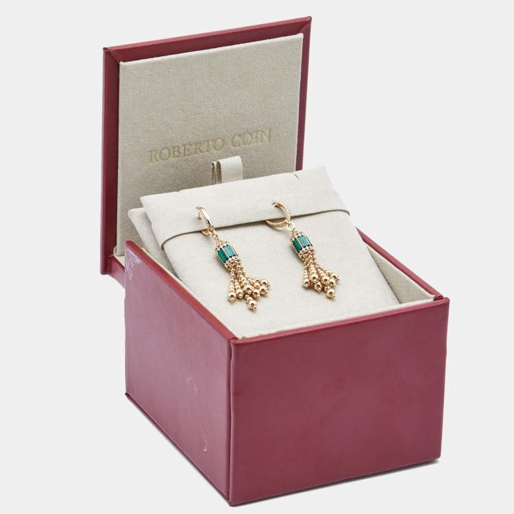 Pre Owned Roberto Coin Art Deco Diamond Malachite 18k Rose Gold Earrings