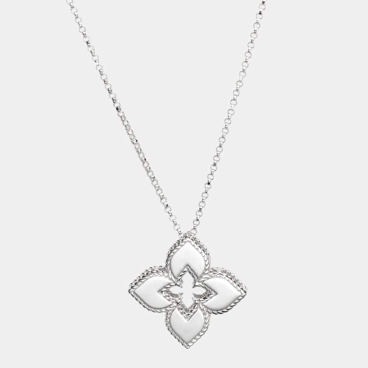 Pre Owned Roberto Coin Venetian Princess Open Flower Diamond 18k White Gold Pendant Necklace