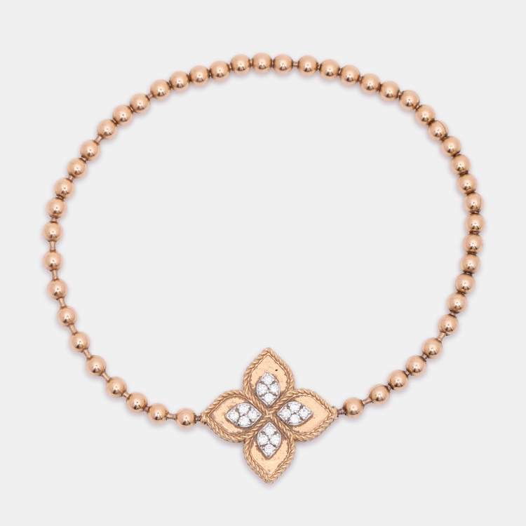 Pre Owned Roberto Coin Diamond Princess Flower 18k Rose Gold Stretchable Bracelet
