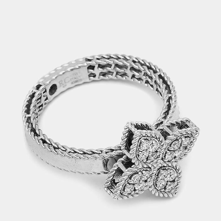 Pre Owned Roberto Coin Princess Flower Diamond 18k White Gold Ring Size 53
