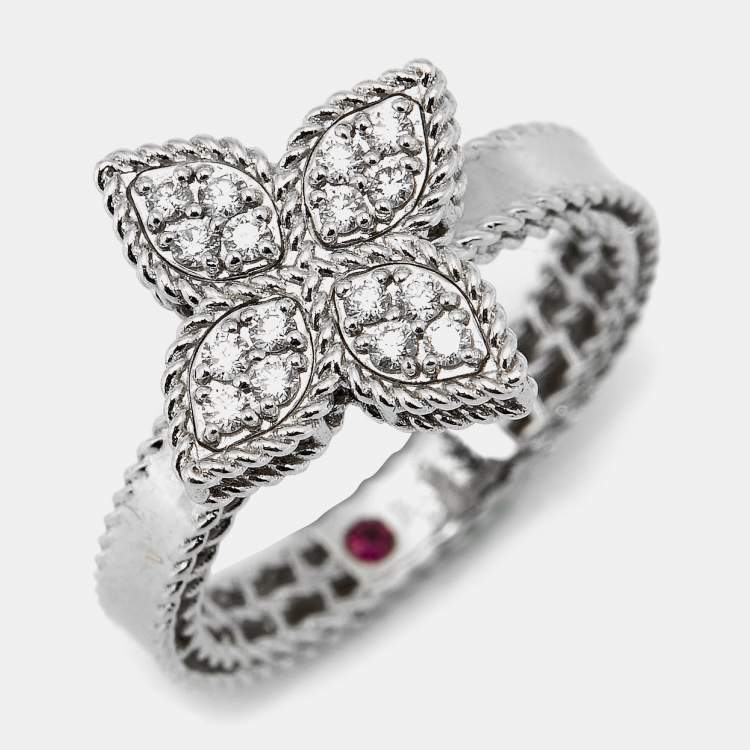 Pre Owned Roberto Coin Princess Flower Diamond 18k White Gold Ring Size 53