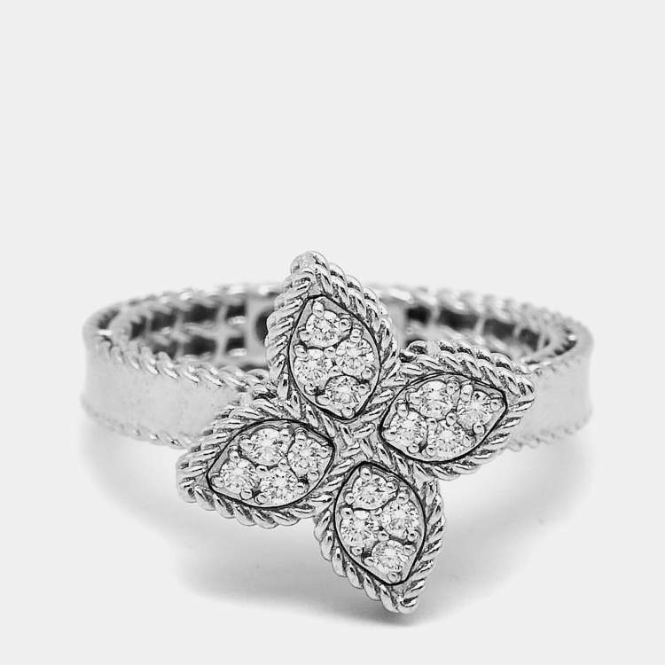 Pre Owned Roberto Coin Princess Flower Diamond 18k White Gold Ring Size 53