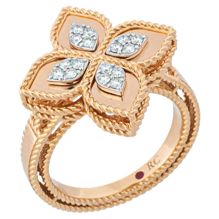 Pre Owned Roberto Coin Princess Flower Diamond 18K Rose Gold Ring Size 54