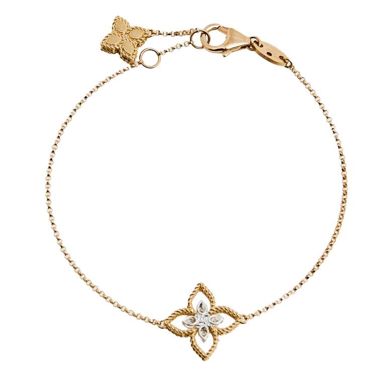 مملوكة مسبقًا Roberto Coin Principessa Single Diamond Flower 18k Two Tone Gold Bracelet 