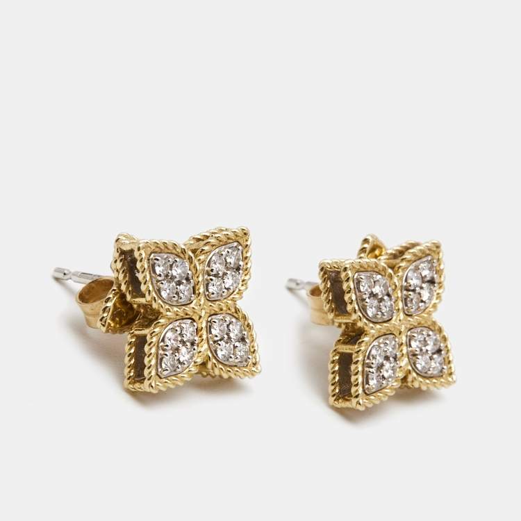 مملوكة مسبقًا Roberto Coin Princess Flower Diamonds 18k Two Tone Gold Earrings