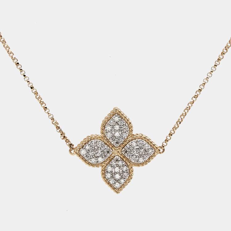 Pre Owned Roberto Coin Princess Flower Diamond 18k Two Tone Gold Station Necklace